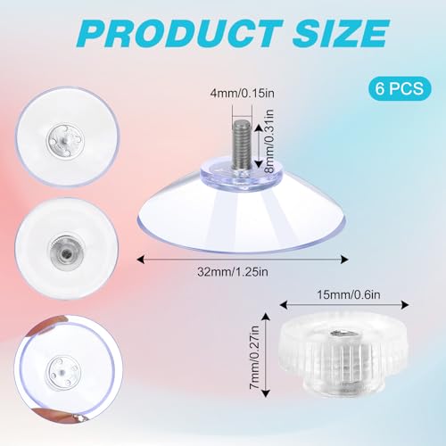 Mozeat Lens 6 PCS Suction Cups for Glass, 32mm Strong Suction Cup with Metal Screw Rods and Nuts Clear PVC Heavy Duty Plastic Sucker Pads Holder Without Hooks for Bathroom Wall Door Window Car Shade