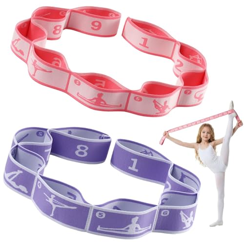 2 PCS Stretch Strap for Kids Gymnastics Multi-Loop Elastic Strap for Ballet, Latin, Dance, Yoga, Children Flexibility Training & Exercise Resistance Yoga Band- 8 Loops - color: Red & Purple
