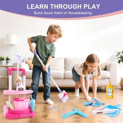 Toddler Cleaning Set, Kids Cleaning Carts Toy Set, Detachable Kids Mop Broom Set for Toddlers - Pretend Play Educational Toy (Pink) - color: Cleaning Cart Set