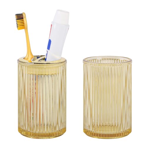 Toothbrush Holders for Bathrooms, 2pcs Amber Glass Toothbrush Holder, Bathroom Toothbrush Cup and Toothpaste Holder with Gold Divider, Tooth Brush and Toothpaste Organizer for Countertop - color: Amber Gold