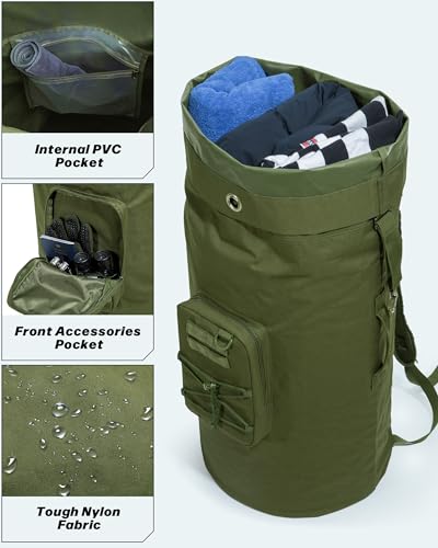 PGmoon Military Duffle Bag,110L Extra Large Army Backpack | Heavy Duty Sea Bag with Removable Pocket for Camp, Outdoor or Laundry Bag (Patent Design)