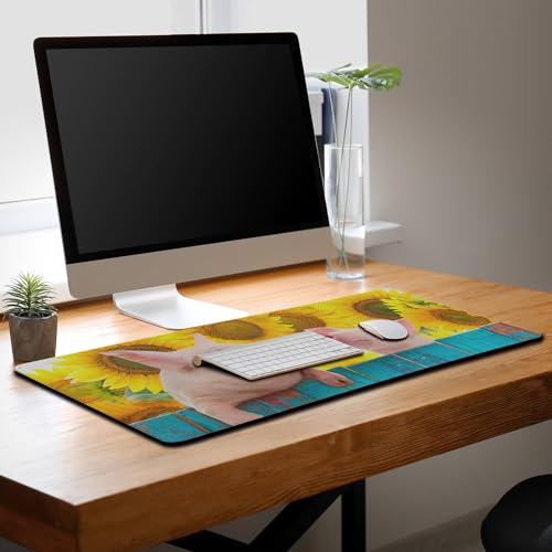 Keyboard Mat Yellow Blue Long Mouse Pad, Computer Mat Large Desk Pads, Big Desk Mat Non-Slip Rubber Base, 35.4 X 15.7 inch for Work/Game/Office/Home Funny Pig Hanging on A Fence. Studio Photo. - color: Funny Pig