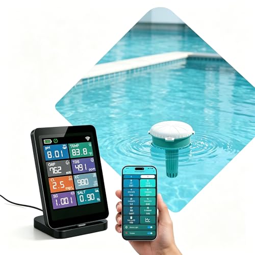 8-in-1 Smart Water Quality Monitor, 24/7 Auto Tester, Digital pH, Chlorine, ORP, Temp, TDS, Salinity, EC, SG Detector, App Control & Custom Alerts for Pool, Hot Tub, Spa, Aquarium, Pond