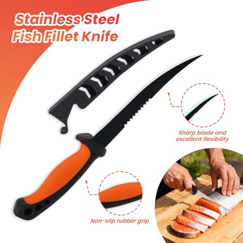 RAWILL 9 Pcs Fishing Tool Kit, Fishing Pliers with Lanyard and Protective Sheaths, Landing Net, Fillet Knife, Fish Scale, Gripper - color: Orange