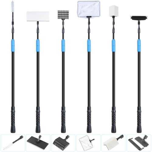 AquaMiracle 6 in 1 Aquarium Cleaning Tool Kit Fish Tank Cleaning Kit for 20-160 Gallon Tank with Telescopic Long Handle, Algae Scraper, Scrubber Pads, Tube Cleaner, Fish net, Gravel Rake