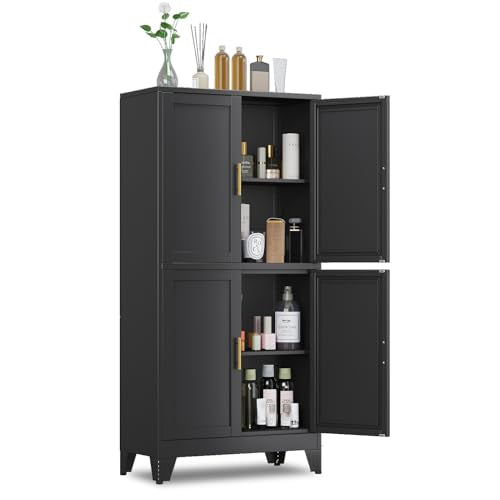 47.25" Metal Storage Cabinet, Black Kitchen Food Storage with 4 Door and 2 Adjustable Shelves, Freestanding Bathroom Cabinet, Pantry for Kitchen Dinning Room, Cupboard - color: Black-4d, size: 11.81"D x 23.62"W x 47.25"H
