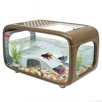 Desktop Fish Tank 3.17 Gal, HIPS + AS Aquarium Kit with Built-in Climbing Frame & Top Feeding Hole, Easy Clean Small Fish Bowl for Betta Guppy Shrimp, Modern Home Office Desk Decor Brown