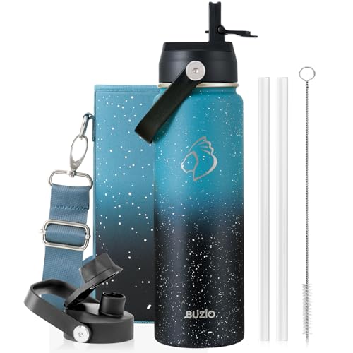 BUZIO 24 oz Insulated Stainless Steel Water Bottle with Straw & Spout Lids | Triple Wall Insulated Tumbler (Dishwasher Safe), Cold for 48 Hrs, Wide Mouth, Leakproof, BPA-Free, for Sports, Gym, School - color: Dappled Navy Black, size: 24 Ounces