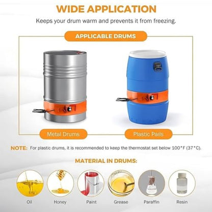 Digital Display 1500W Metal Drum Heater Pad for 55 Gallon Tanks | Elastic Spring Silicone Heating Blanket for Honey Oil Barrels & 100L Instruments