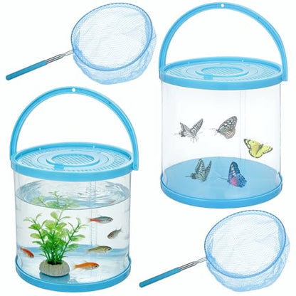 2 Sets Catch Plastic Beach Aquarium Kit, Release Aquarium Box for Beach with Retractable Net Bag and Transparent Portable Handheld（Round）