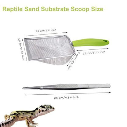 Reptile Sand Substrate Scoop Reptile Sand Fine Mesh Reptile Scooper Stainless Steel Terrarium Substrate Sand Bedding Litter Cleaner Scoop and Reptile Long Feeding Tongs Set (Green-2mm) - color: Green-2mm