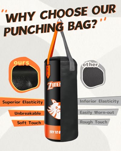 Kids Punching Bag with Gloves - PU Leather & Adjustable Height Strap - Boxing Bag Set for 3-8 Years Kids Great for Boxing, MMA, Kickboxing - color: Orange-Unfilled