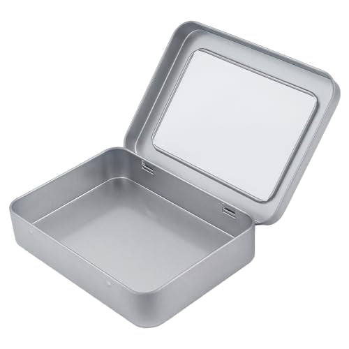 24 Pieces Rectangle Metal Tins Containers with Hinged Window Lids Mini Storage Organizer Set for Home Kitchen, Office and School Supplies, 4.5 x 3.3 x 0.9 inch (Silver)