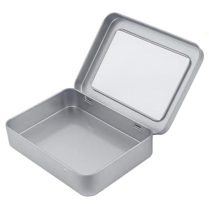 24 Pieces Rectangle Metal Tins Containers with Hinged Window Lids Mini Storage Organizer Set for Home Kitchen, Office and School Supplies, 4.5 x 3.3 x 0.9 inch (Silver)