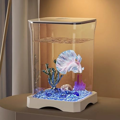 Small Fish Tank - LED Aquarium, Acrylic Mini Bowl with Feeding Hole, Compact Betta Container, Clear Stylish Design | Home Office Decoration, Desktop Display, Bedroom Aquarium, Small Aquatic Habitat - color: White