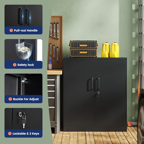 Metal Garage Storage Cabinet with 2 Doors and 2 Adjustable Shelves - 35.5" Steel Lockable File Counter Cabinet for Home Office,Garage,Gym,School（Black）
