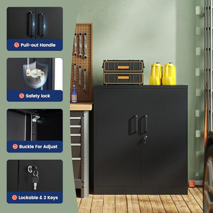 Metal Garage Storage Cabinet with 2 Doors and 2 Adjustable Shelves - 35.5" Steel Lockable File Counter Cabinet for Home Office,Garage,Gym,School（Black）
