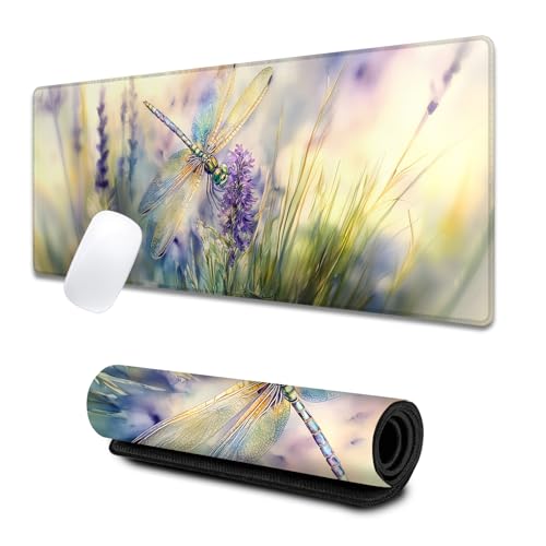 Dragonfly Large Gaming Desk Mat,Rubber Non-Slip Cute Watercolor-Inspired Mouse Pad,31.5x11.8x0.12in Extended Nature Mousepad,Game Lover Mice Pads Gifts,Office Home Deskmat Decor