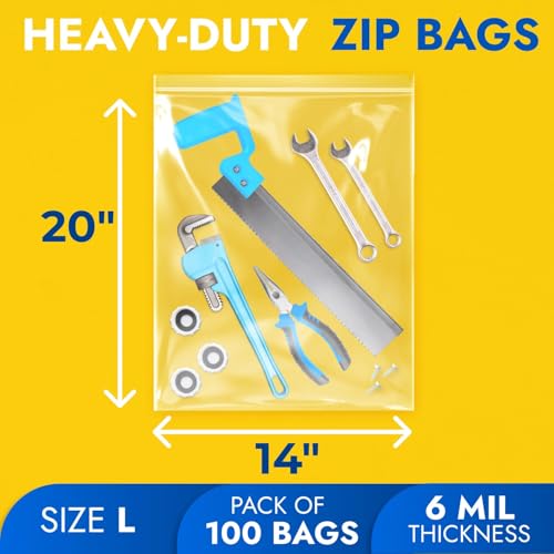 14" x 20" Reclosable Plastic Zip Bags, Pack of 100, 6 Mil Heavy-Duty Clear Poly Bags, Resealable for Food, Clothes, Hardware, Jewelry - size: 14"W x 20"H