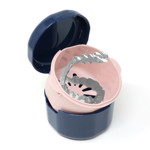 "yueton 1Pack Denture Bath Case Portable Denture Soak Container Mouth Guard Storage Box with Pale Pink Strainer Basket for Travel Cleaning, Sapphire Blue"