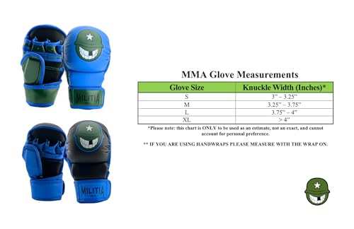 Milita MMA - 7oz MMA Sparring and Training Gloves, Open Palm, Men & Women & Children, Kickboxing, Boxing Mauy Thai, Hybrid MMA Grappling, Padded Fingerless Gloves - color: Blue and Black, size: Small
