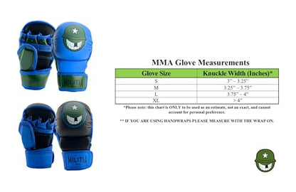 Milita MMA - 7oz MMA Sparring and Training Gloves, Open Palm, Men & Women & Children, Kickboxing, Boxing Mauy Thai, Hybrid MMA Grappling, Padded Fingerless Gloves - color: Blue and Black, size: Small