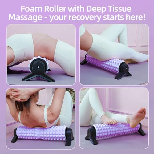 RUNWE Foam Roller with Stand - Bracket Foam Roller for Back Pain, 21 inch Trigger Point Deep Tissue Massage Roller, Medium Density Grid Bracket Foam Rollers, Leg Roller for Muscles Deep Tissue - color: Purple