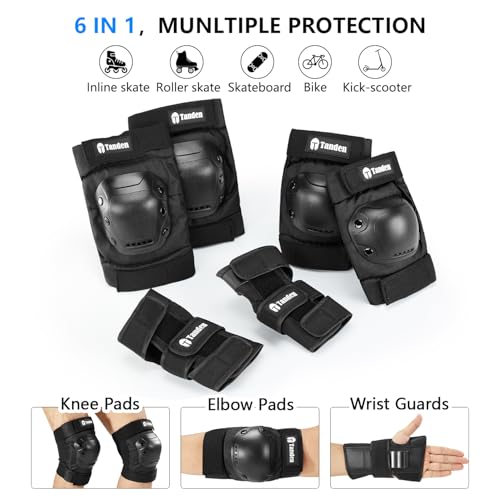 Tanden Skate Protective Gear Adult Knee Pads and Elbow Pads Set Wrist Guard - color: Black, size: Youth (9-15 years)