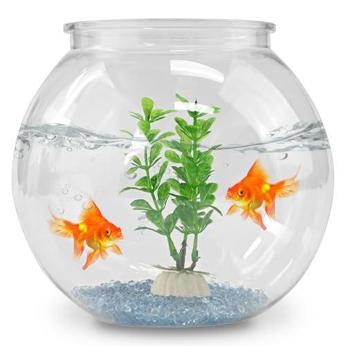 Plastic Goldfish Fish Bowl Drum Round Crystal Clear Aquarium Fish Tank Starter Kits with 1 Artificial Aquatic Plant and 1 Bag Mini Ornamental Stones (0.72Gallon/ 2.75L)