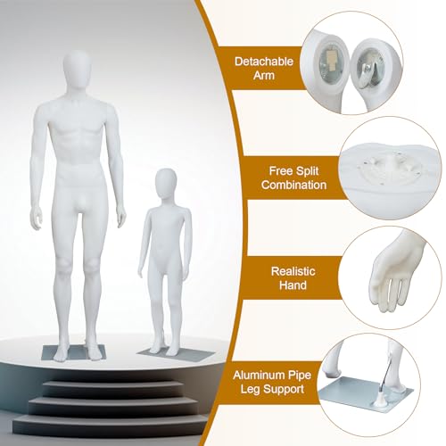 J-Sun-7 Mannequin Full Body - Male Kids Mannequin, Adjustable Manikin Body with Metal Base, Retail Mannequins Dress Form for Clothes, White - size: Male+Kids