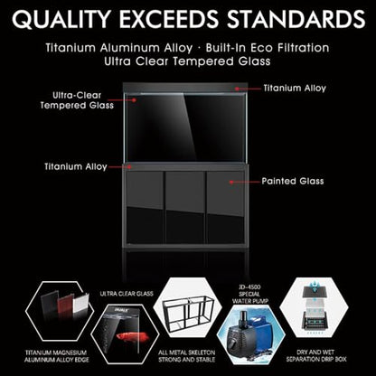 135 Gallon Glass Aquarium with Aluminum Cabinet - Including Sump for Filtration and Circulation, Plumbing, LED, Black