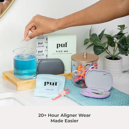 PUL Aligner Care Convenience Kit – Case + 2-in-1 Tool for Invisalign, Retainers, Partial Dentures, Mouth & Night Guards & More – Gray Case & 2-Pack of Blue Aligner Seating Chewie & Removal Tool - color: Gray Combo