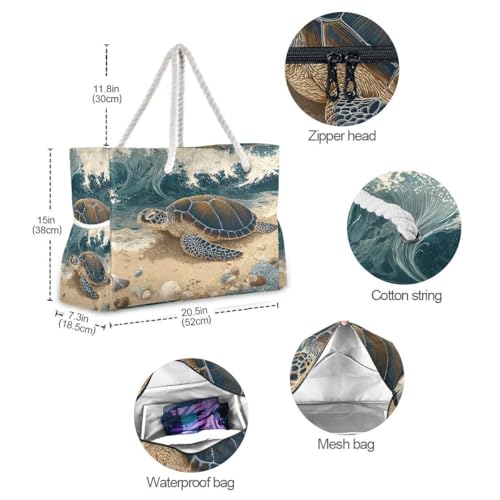 senya Large Beach Bags Totes Canvas Tote Shoulder Bag Soft Wave Water Resistant Bags for Gym Travel Daily Ocean - color: Sea Turtle on Beach