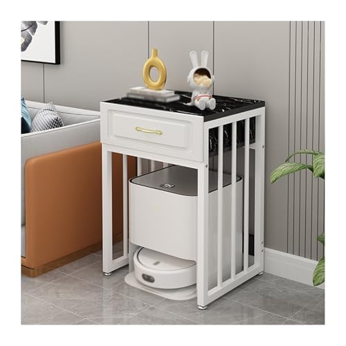 Sweeper Robot Storage Cabinet Sweeper Shelf Organizer Storage Cabinet Movable Fish Tank Rack with Wheels Sweeper Organizer(White Frame+Black)