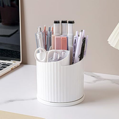360 Rotating Makeup Brush Holder Organizer 5 Slots Make Up Brushes Cup Flower-Shaped Spinning Pen Holder for Vanity, Cosmetics, Lipsticks, White