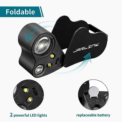 JARLINK 30X 60X Illuminated Jewelers Loupe Magnifier, Foldable Jewelry Magnifier with Bright LED Light for Gems, Jewelry, Coins, Stamps, etc - color: Black