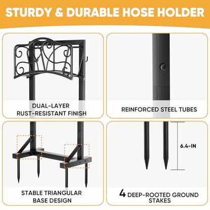 Heavy-Duty Garden Hose Holder with Tool Hooks and Stable Base, Metal Hose Hanger Garden Hose Storage Holds 160Ft, Rustproof Freestanding Water Hose Holder for Outside, Yard, Lawn, Farm - size: Holder 42.1in