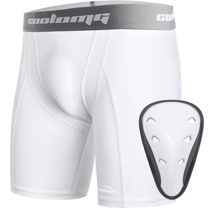 COOLOMG Youth Boys Compression Shorts with Athletic Cup Baseball Football - color: White, size: Small