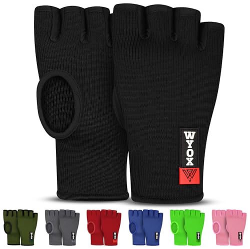 WYOX Inner Glove Hand Wraps for Boxing & Kickboxing — Elasticated Wrist Support, Knuckle Protection for Muay Thai, MMA, Heavy Bag Training (Men & Women) - color: Black, size: S/M (7 - 8 in)