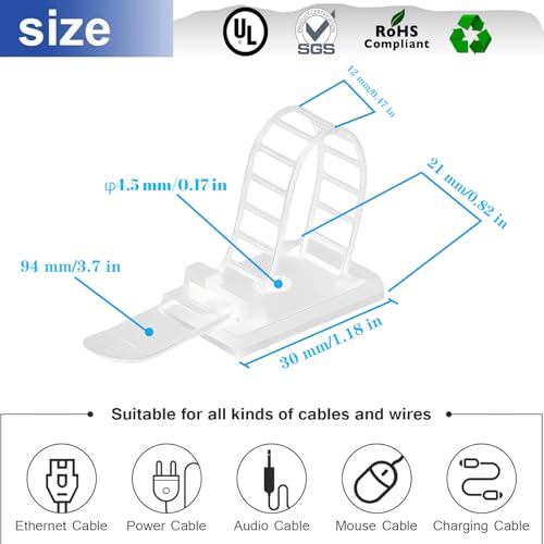 Adjustable Adhesive Cable Management Clips 50Pcs, Large self Adhesive Cable Ties Clips ，Suitable for Cable Management Under desks and on Walls (White) - color: White