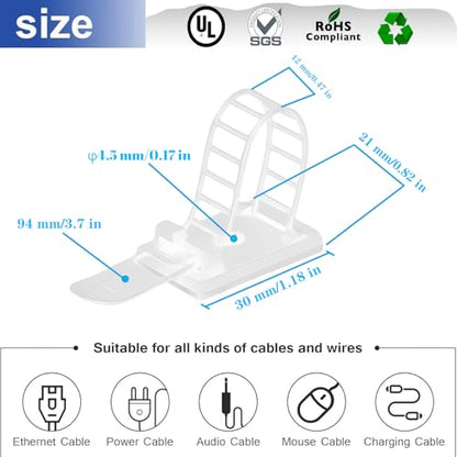 Adjustable Adhesive Cable Management Clips 50Pcs, Large self Adhesive Cable Ties Clips ，Suitable for Cable Management Under desks and on Walls (White)