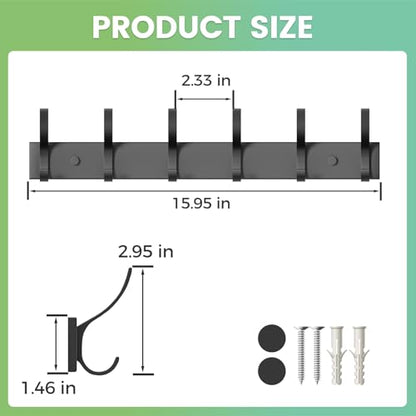 Coat Rack Wall Mount with 6 Hooks (Black, 2 Pack), Heavy Duty Coat Hooks Wall Mount for Entryway, Bedroom, Closet, Wall Hooks for Hanging Coats, Hats, Bags, Purses. - size: 2 Pack