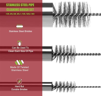 Pipe Cleaning Brush Set Stainless Steel Bristles, Stainless Steel Pipe Brush Steel Bottle Brush 9 Piece Variety Pack for Auto Parts, Bottles, Tubes, Etc. - size: 8 Inch