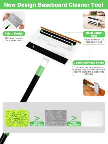 4-in-1 Baseboard Cleaning Tool with Handle 5 Reusable Pads 1 Stiff Bristle Brush Carpet Rake for Pet Hair Removal Baseboard Cleaner Carpet Windows Wall Floor Bathroom Kitchen