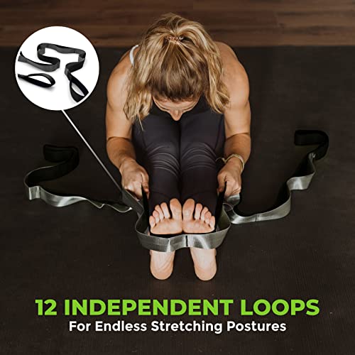 Stretching Strap for Physical Therapy, 12 Multi-Loop Stretch Strap 1.5" W x 8' L, Neoprene Handles, Physical Therapy Equipment, Yoga Straps for Stretching, Leg Stretcher. - color: Black/Grey