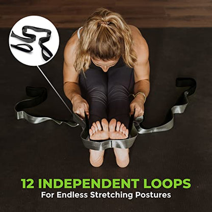 Stretching Strap for Physical Therapy, 12 Multi-Loop Stretch Strap 1.5" W x 8' L, Neoprene Handles, Physical Therapy Equipment, Yoga Straps for Stretching, Leg Stretcher. - color: Black/Grey