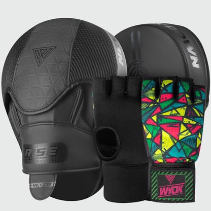 WYOX Gel Boxing Hand Wraps & Curved Focus Mitts Bundle for Men & Women Adults – 80cm Wrist Straps, Padded Knuckle Support, Neoprene Inner Glove Gel Padding, MMA Muay Thai Kickboxing Training Pads