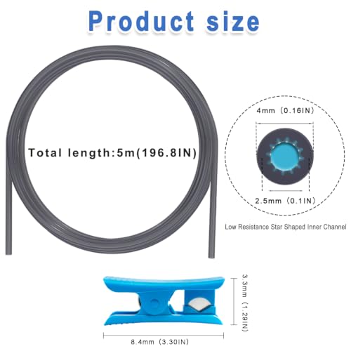 Upgraded PTFE Tube Kit 5M, Low-Resistance Star-Shaped Inner Channel Teflon Tube ID 2.5mm OD 4mm for 1.75mm Filament, with Tubing Cutter, for Bambu lab AMS - color: Grey