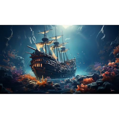 Sunken Ship Aquarium Background Undersea Pirate Shipwreck Fish Tank Background Tropical Coral Reefs Ocean Seabed seascape Reptile Tank Backgrounds Tropical Marine Life Terrarium Backgrounds 36x18in - color: Blue Purple, size: 36(W)x18(H)inches/ 90(W)*45cm