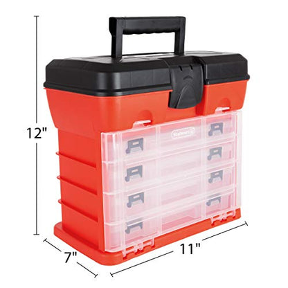 Small Parts Organizer Box - 11-Inch Portable Storage Case with 4 Removable Multi-Compartment Trays for Screws, Beads, Small Fishing Tackle, Hardware, and Craft Supplies by Stalwart (Red)
